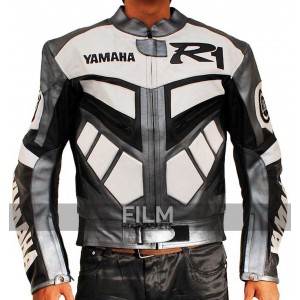 Yamaha R1 Motorcycle Racing Grey Real Biker Leather Jacket